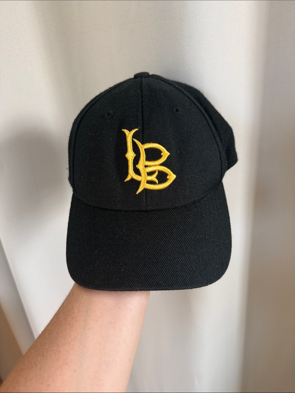 Black Baseball Cap with Gold LB Embroidered Logo, Long Beach